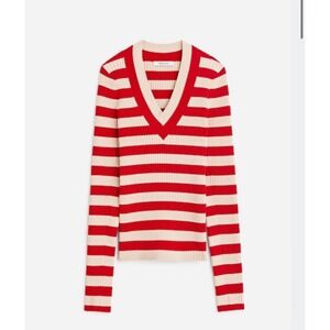 Madewell Red Cream Striped Ribbed V-Neck Long Sleeve Sweater XL CKP494827695